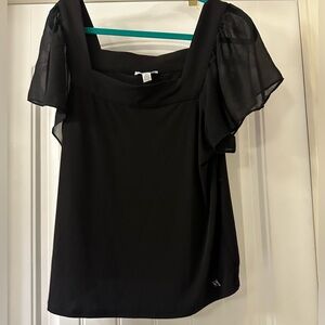 Calvin Klein Black Sheer Flutter Sleeve Blouse